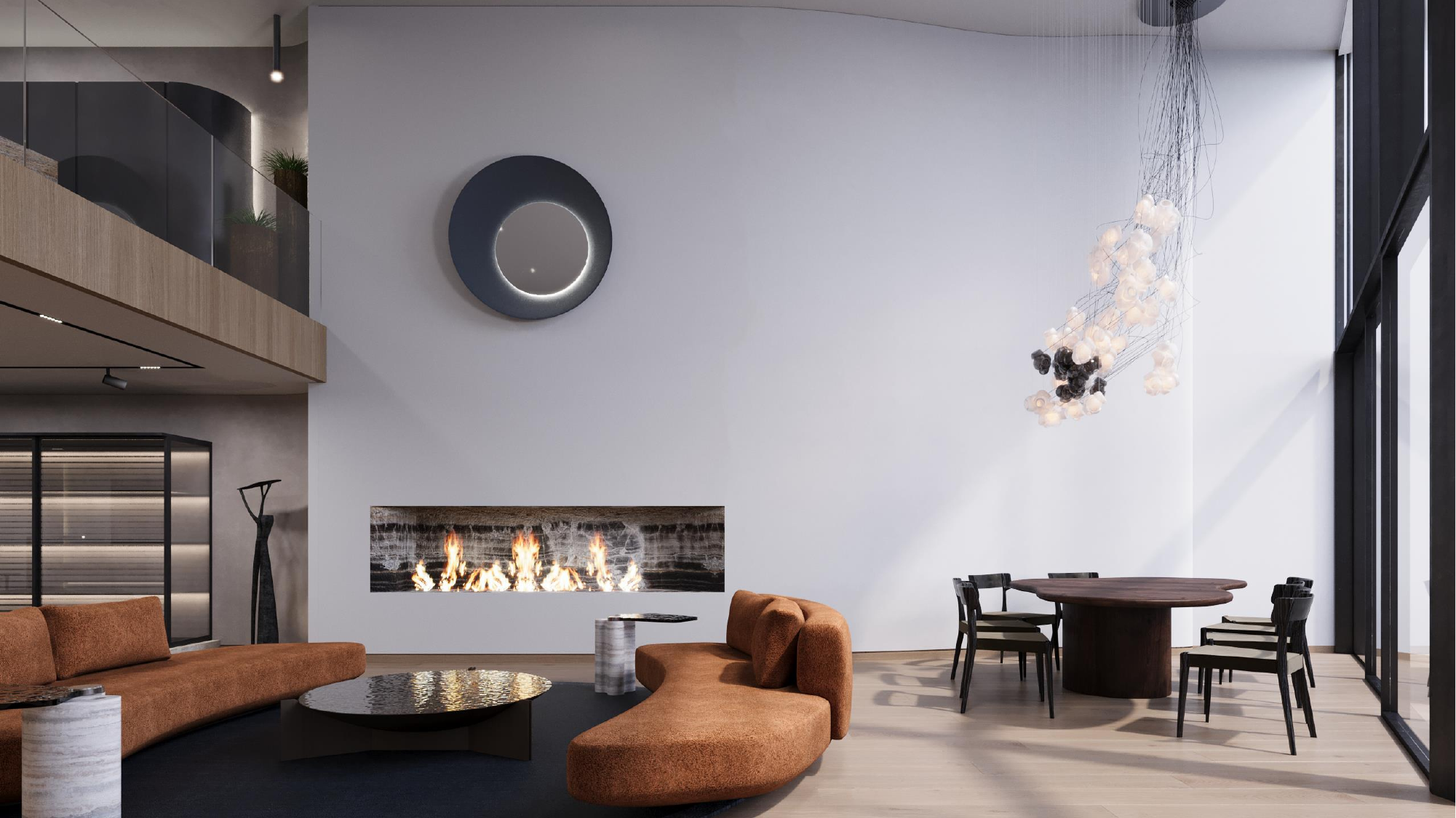 Lower level living space with fireplace and curved sofa